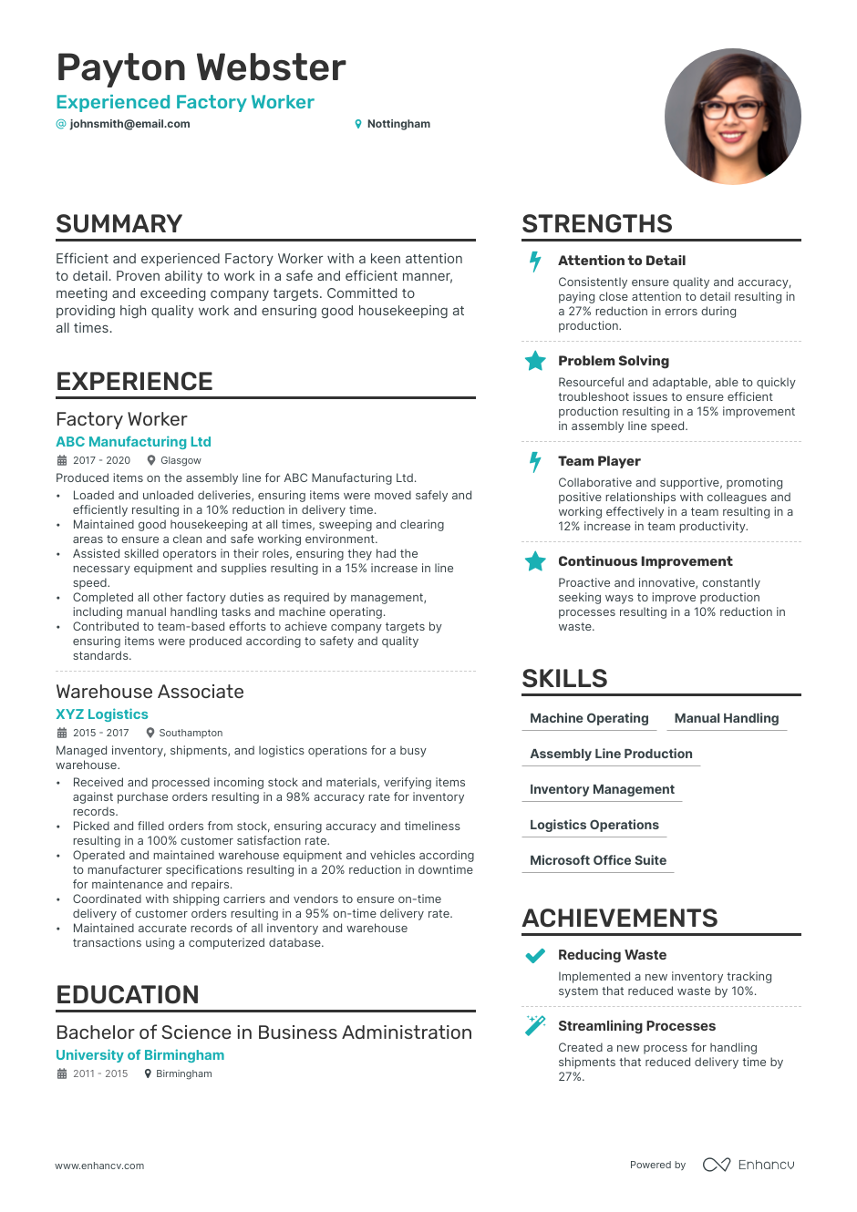 Factory Work Cv Example