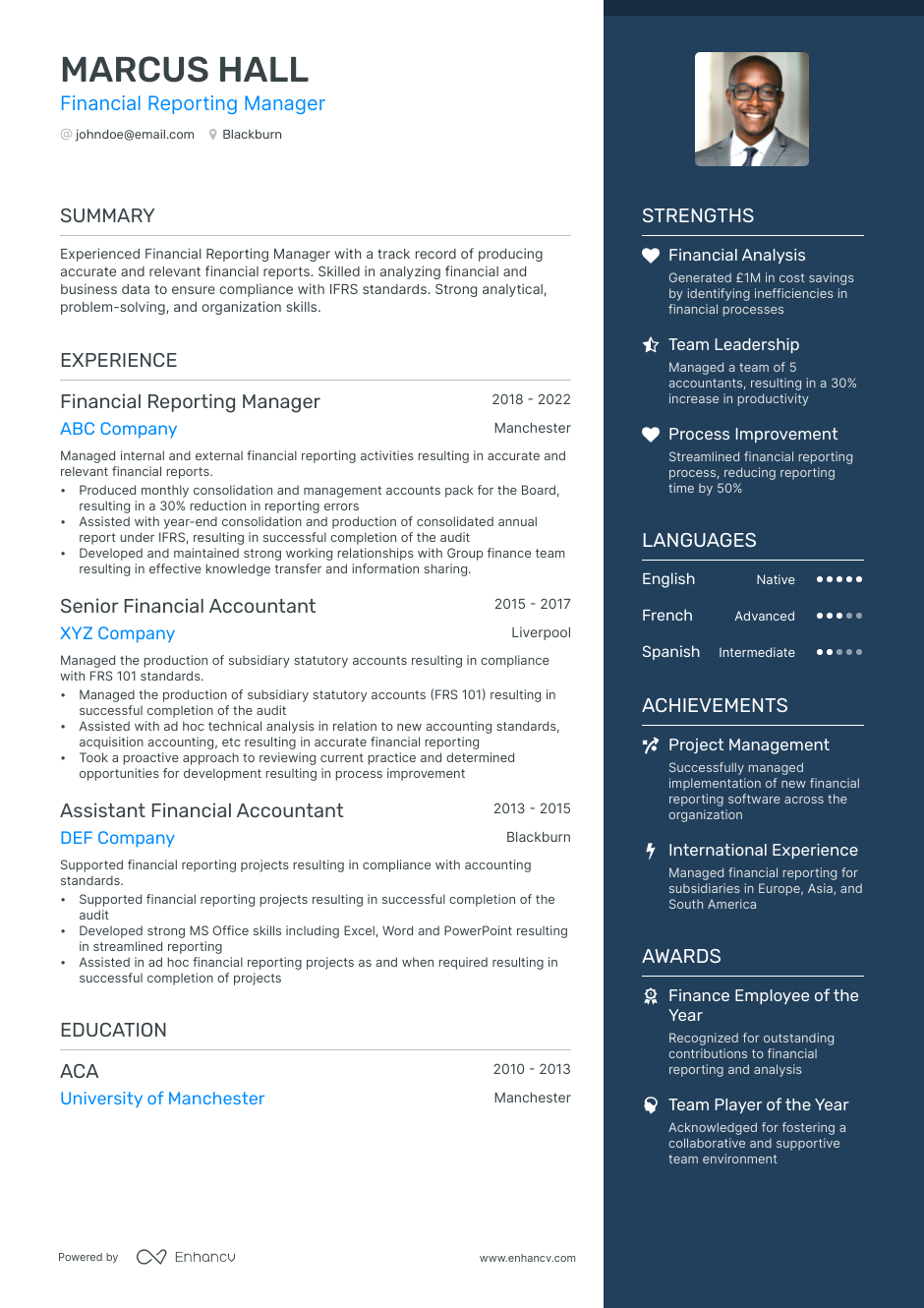 Financial Reporting Manager resume example