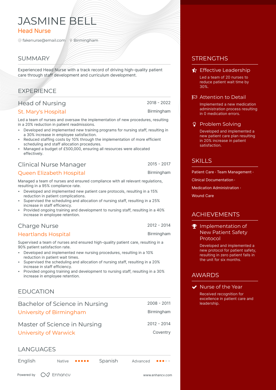Head Nurse resume example