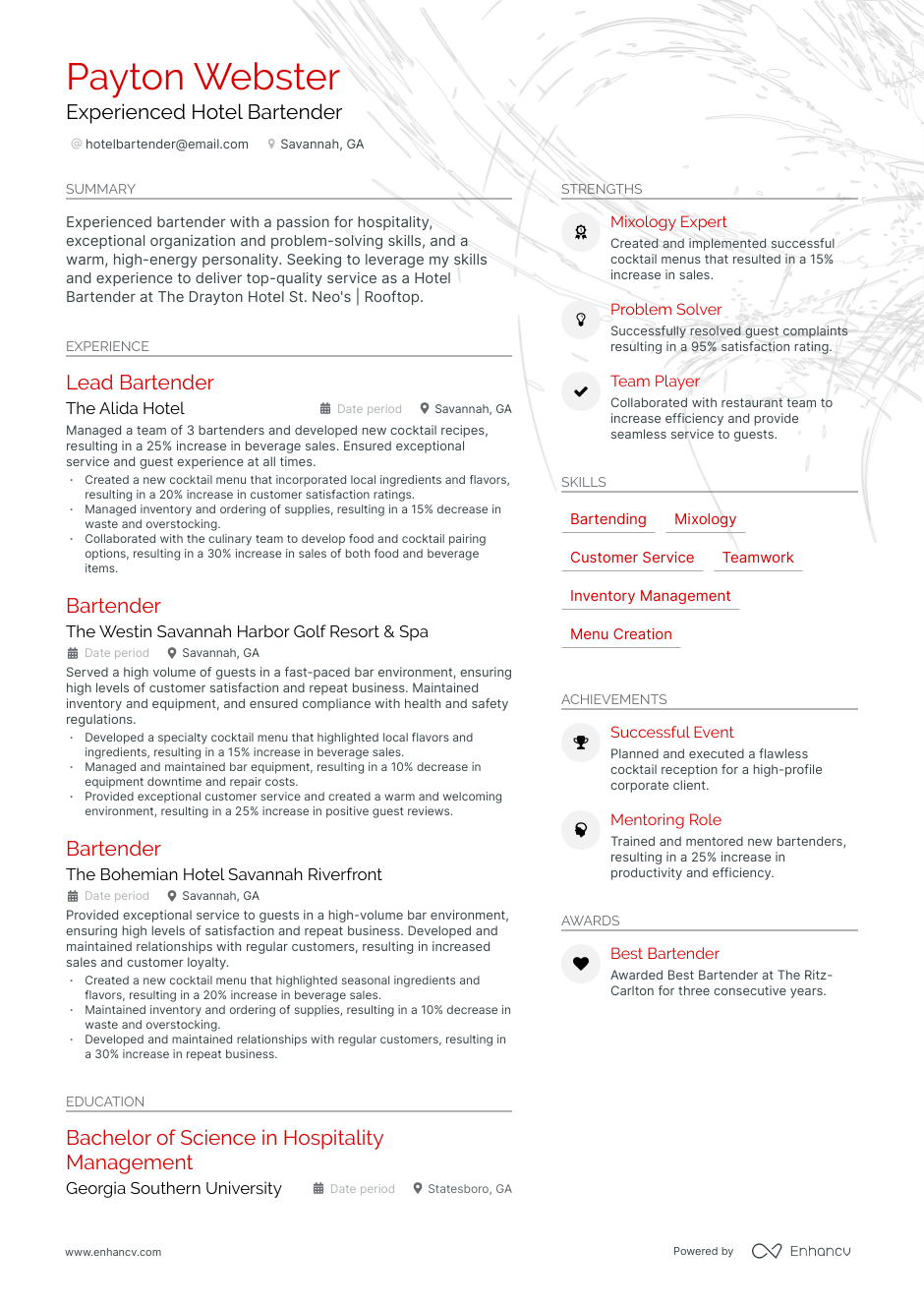 5 Hotel Bartender Resume Examples & Guide for 2023