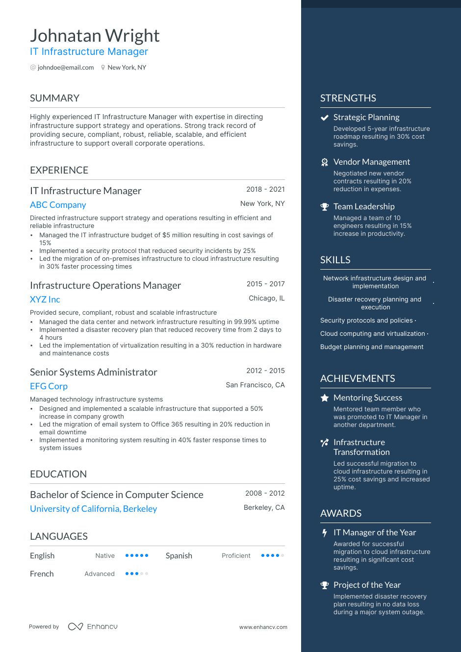 it infrastructure service delivery manager resume