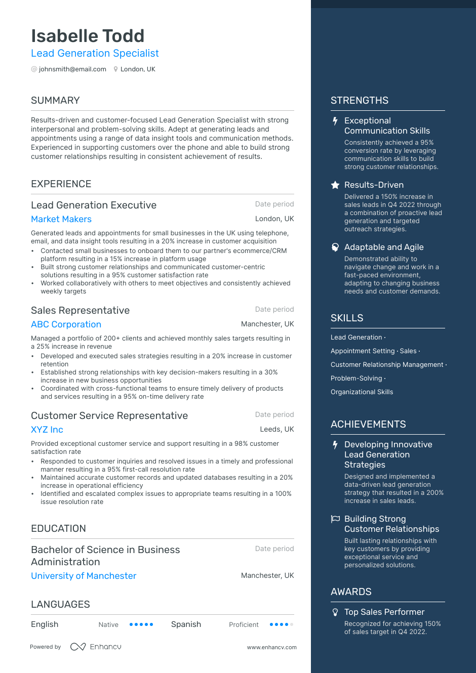 Lead Generation Resume Example 2023 | Enhancv.com (Layout, Skills, & Job Description)