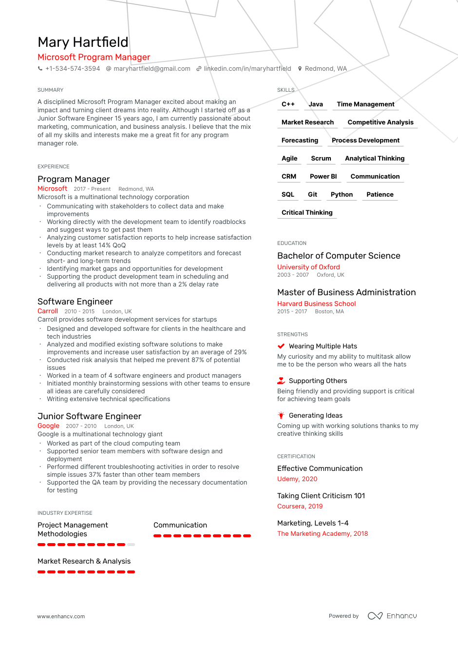 Microsoft Program Manager resume example