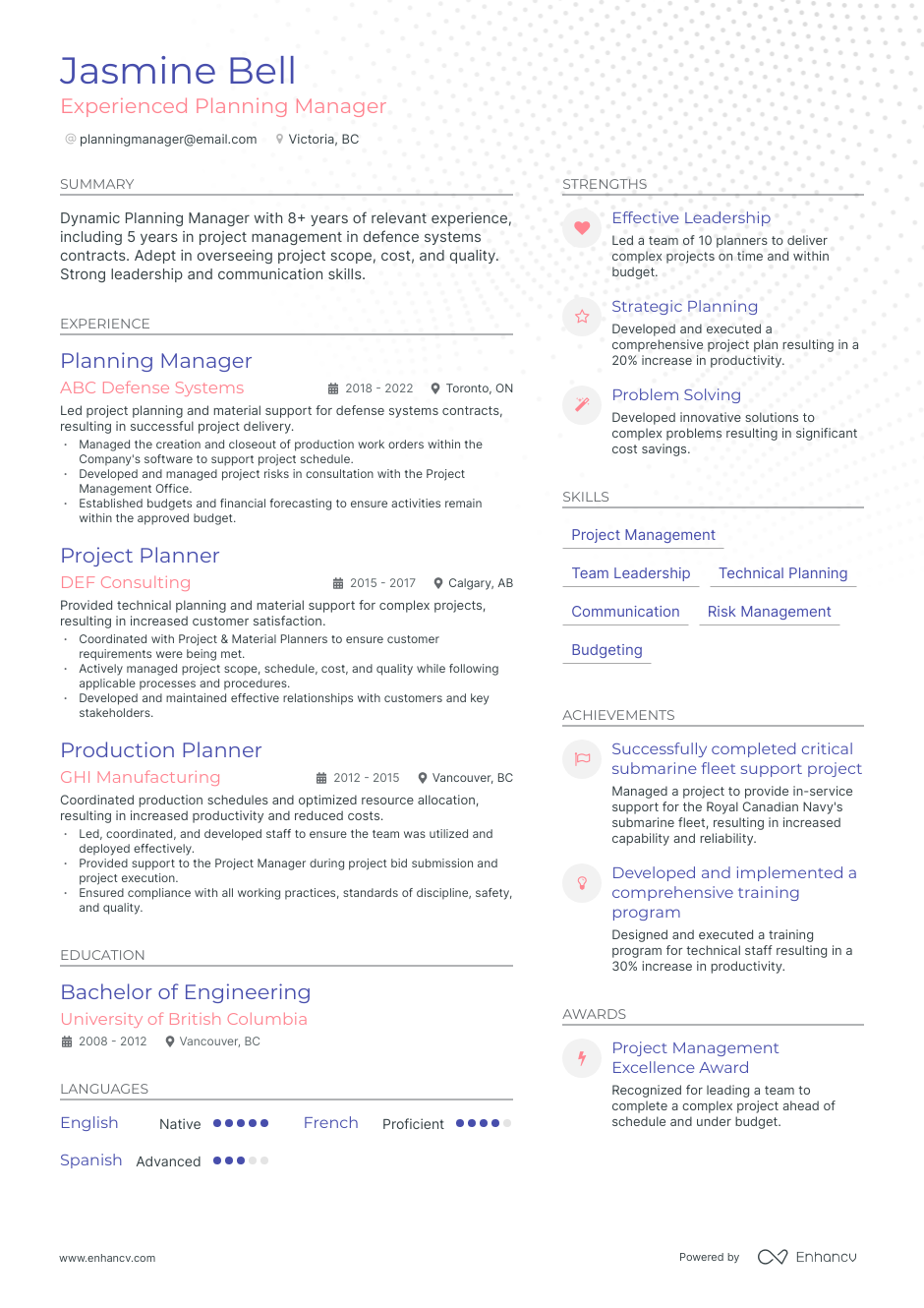 project planning manager resume