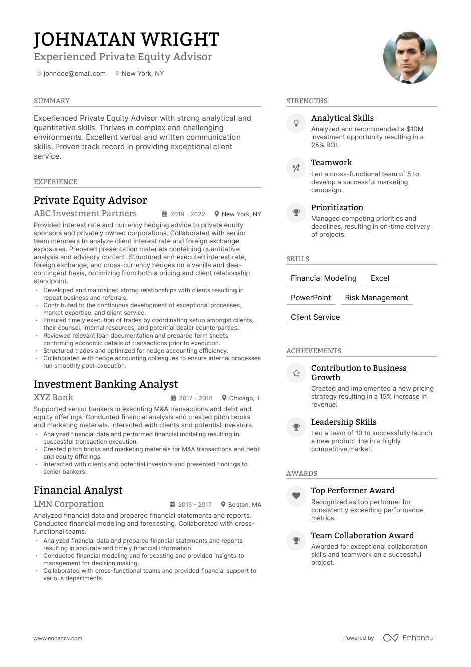 Private Equity resume example