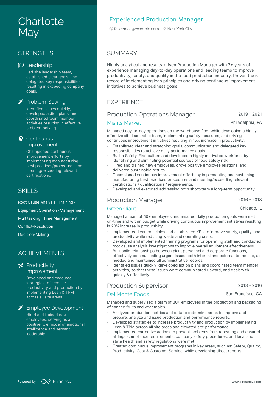 production manager resume example