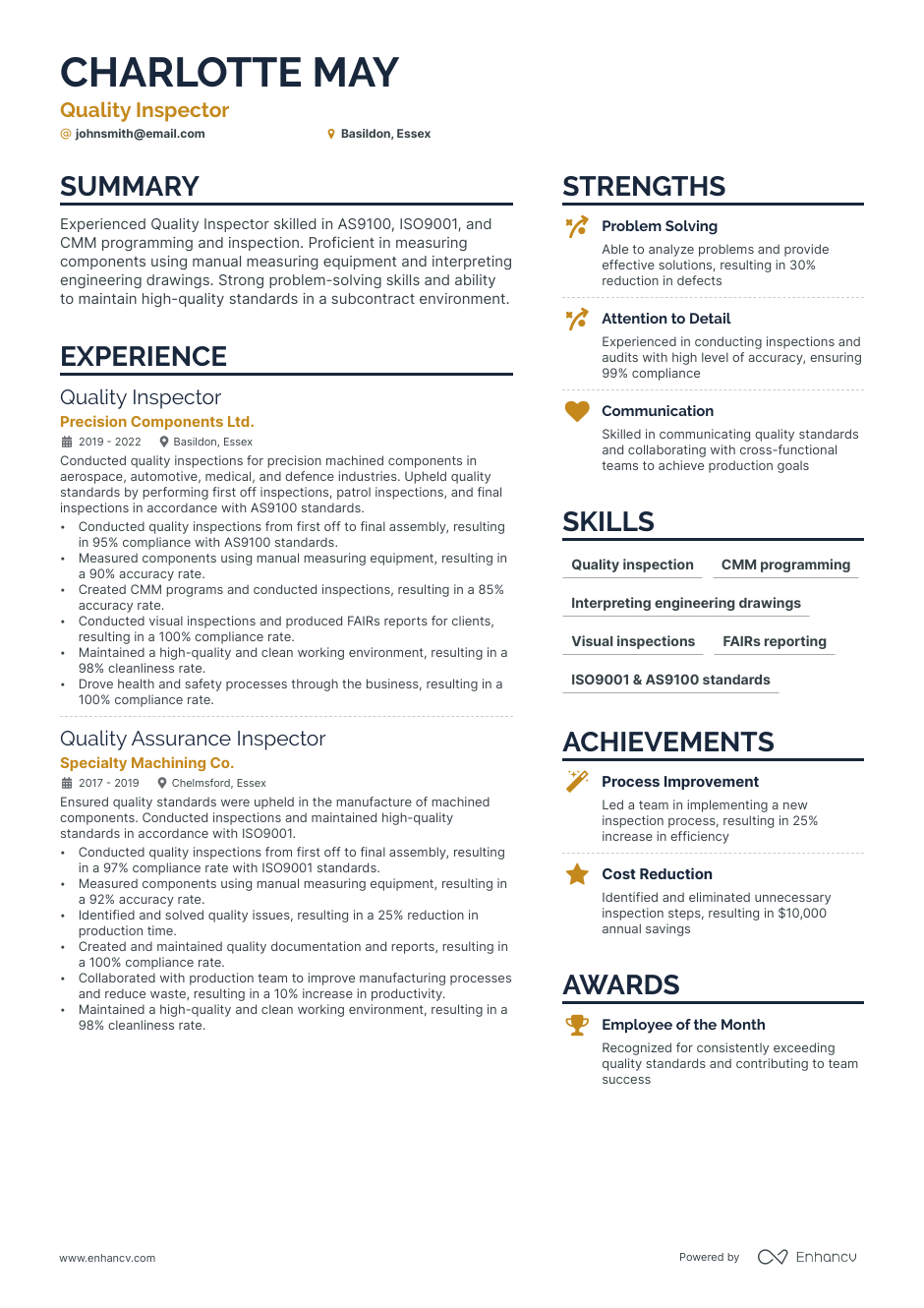 quality inspector resume example
