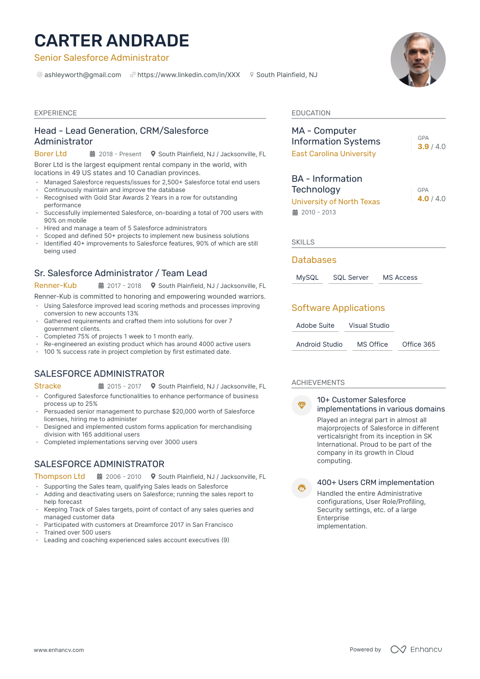 Top Salesforce Administrator Resume Examples & Samples for 2023 |  Enhancv.com (Layout, Skills, Keywords & Job Description)