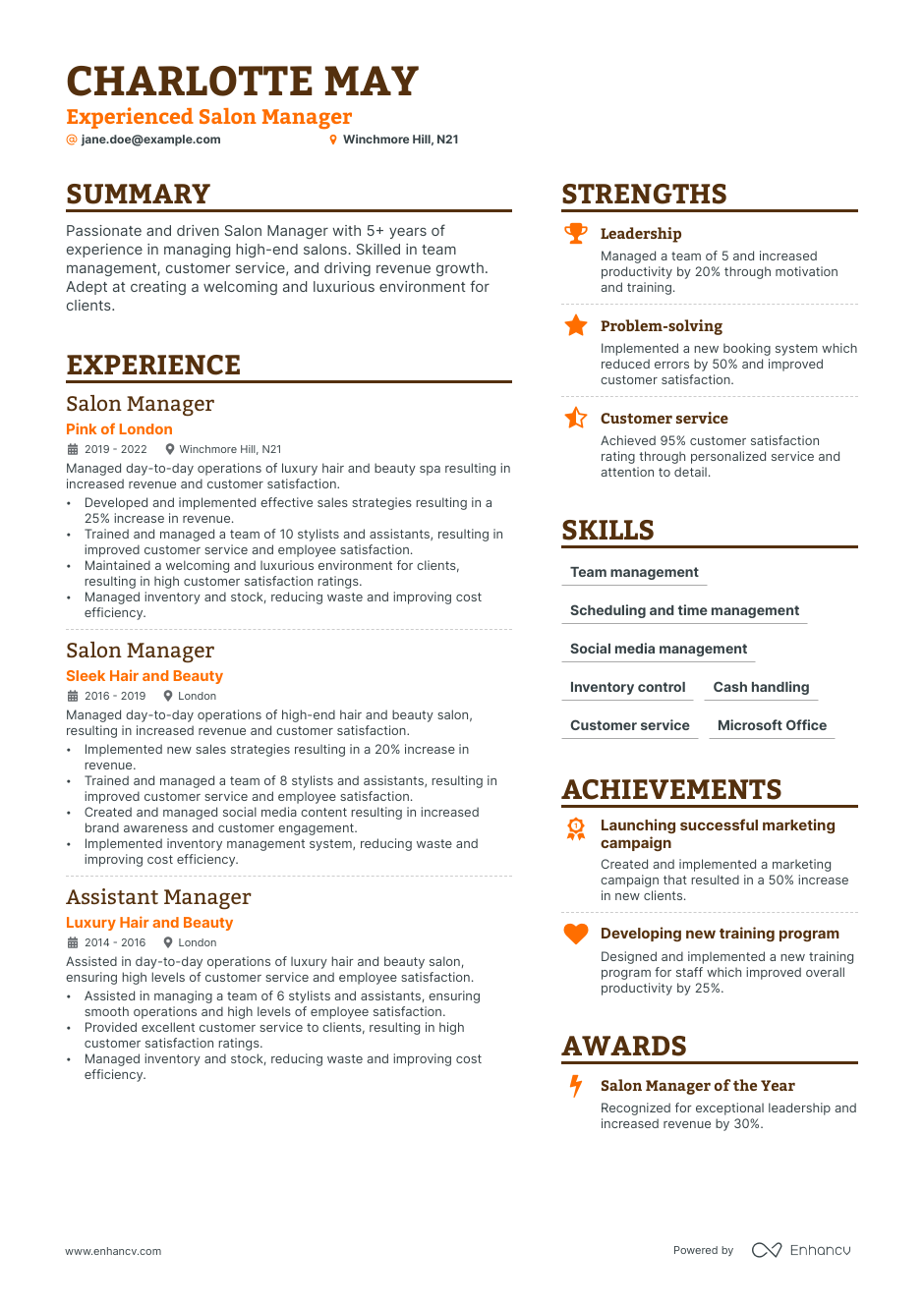 salon manager resume example