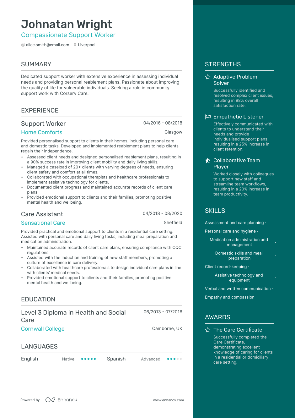 personal statement cv for support worker