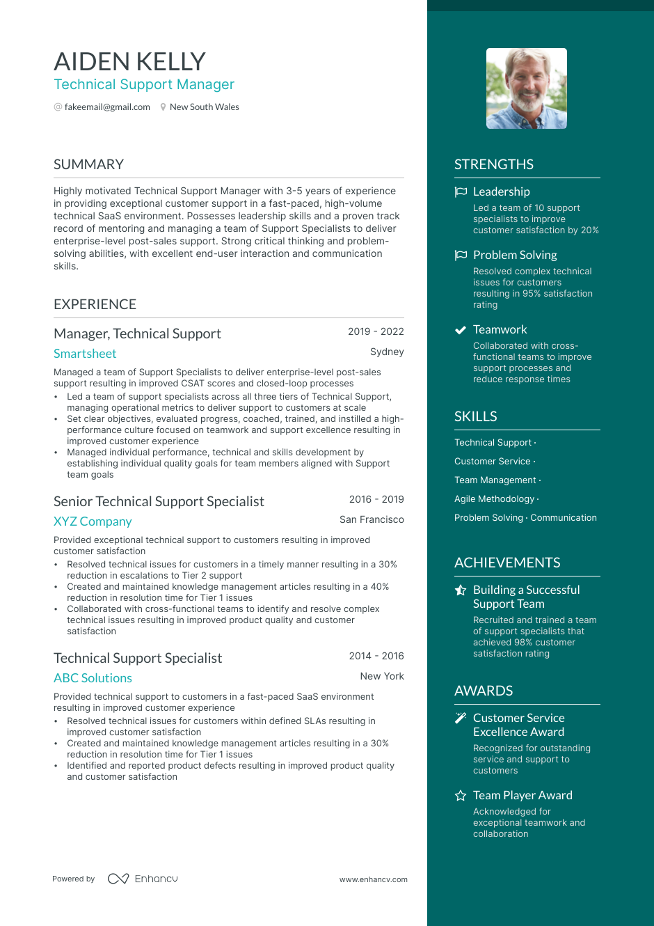 Technical Support Manager resume example
