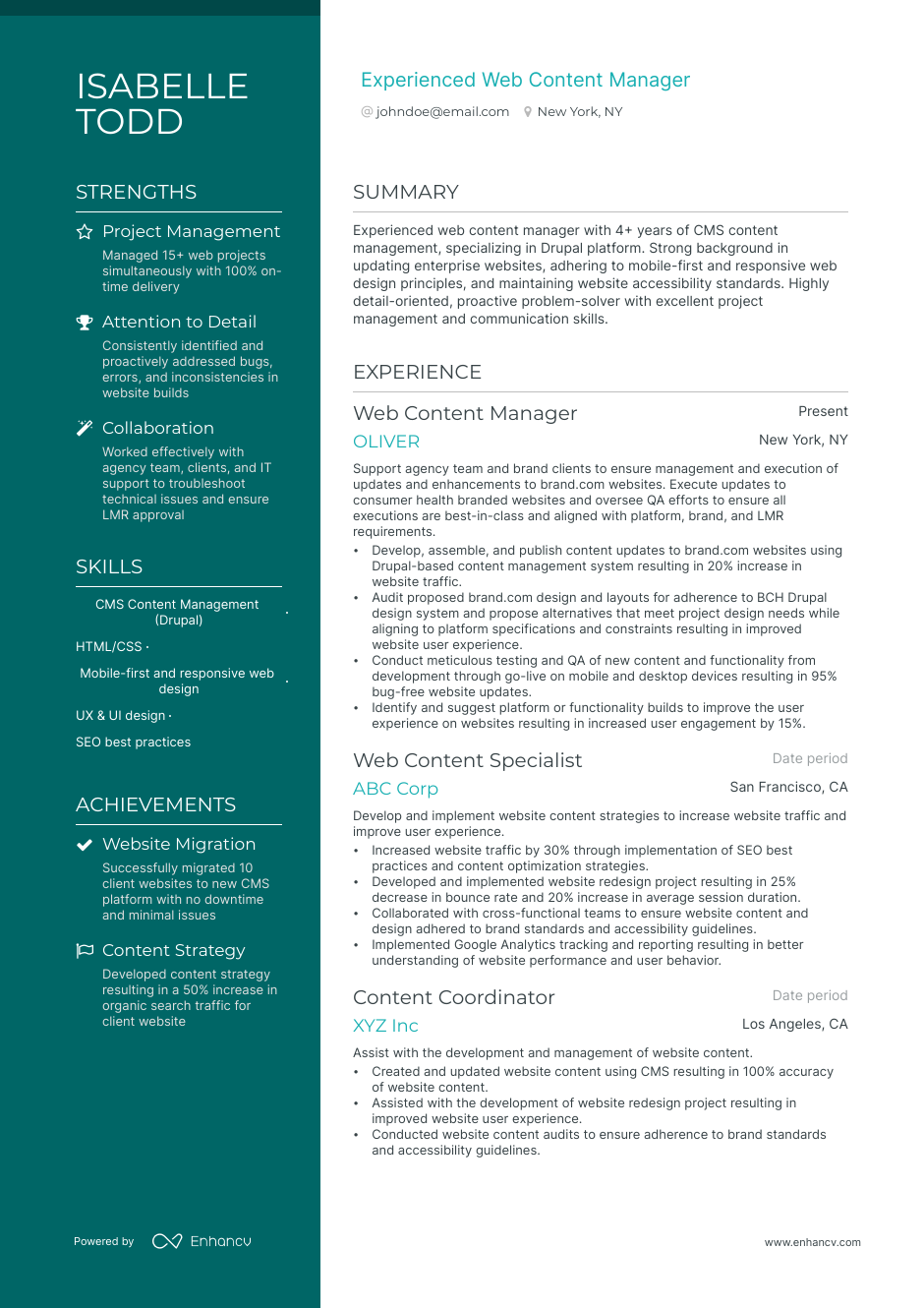 Web Content Manager resume example