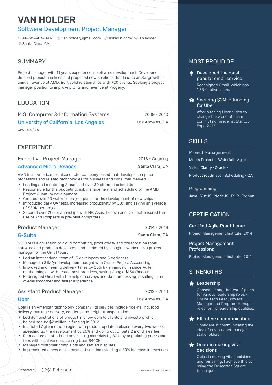 Senior CV template with a solid right column for your skills and achievements, and a wider left column for your experience bullet points