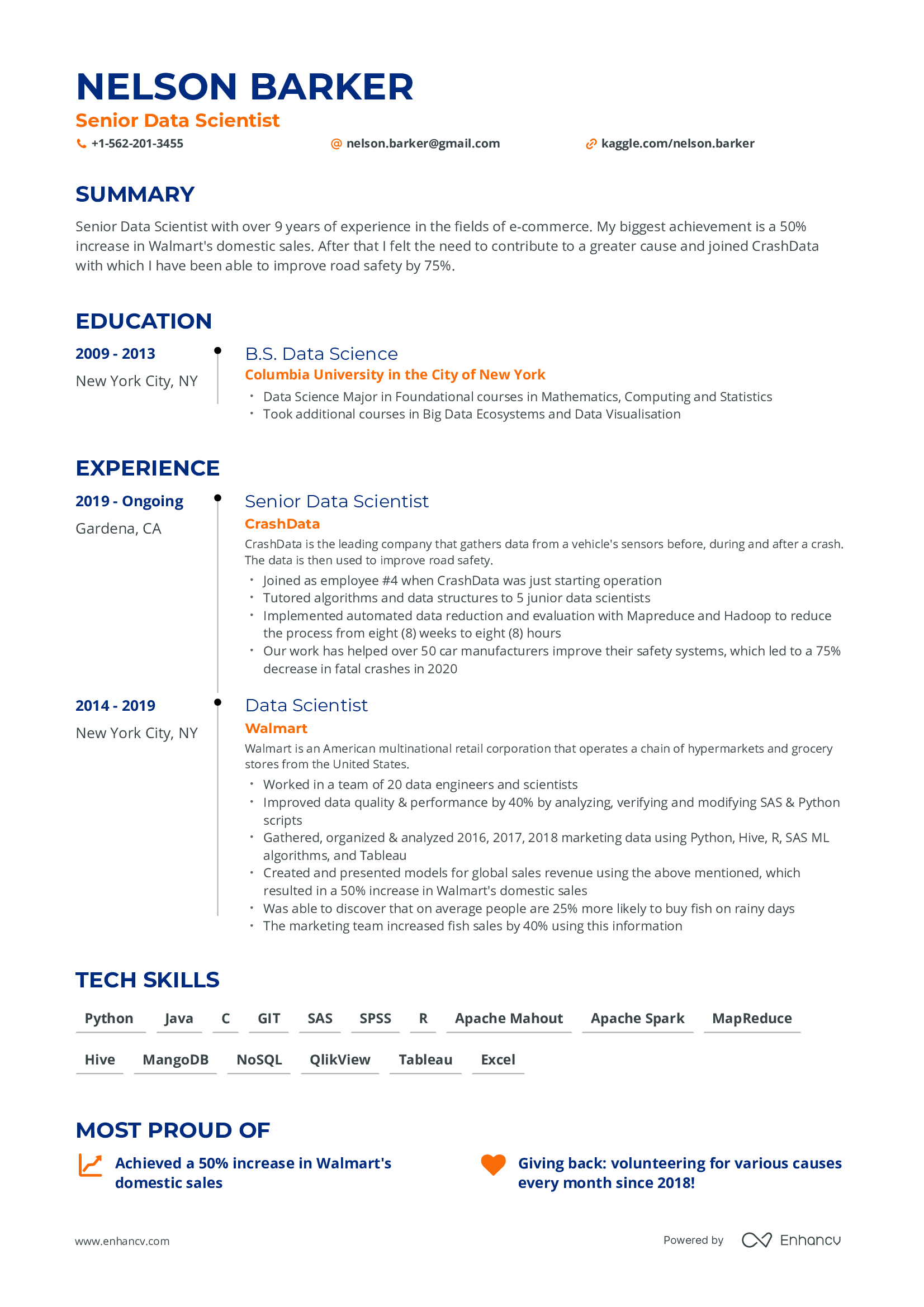A single column timeline CV template with blue and orange accent colors.